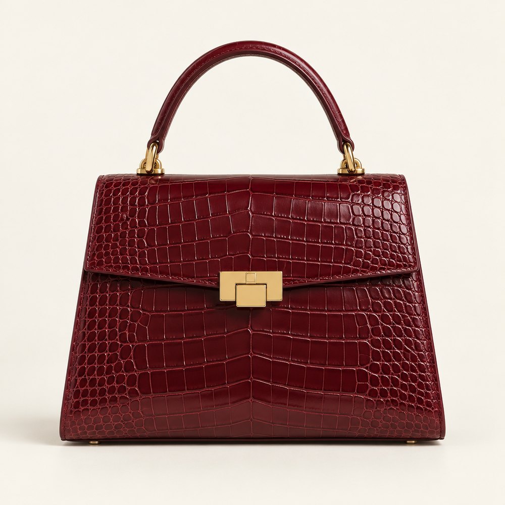 Croc-Effect Top Handle Bag, Burgundy